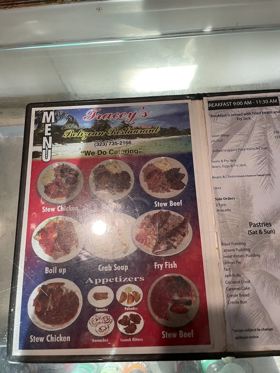 Menu page showing breakfast, appetizers, and dinner entrées.